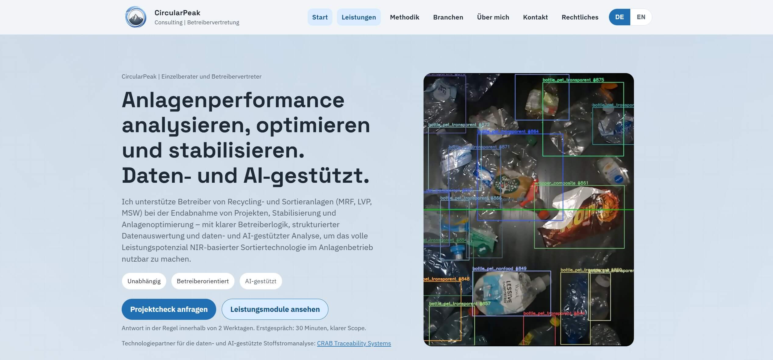 Webseite von CircularPeak – Beratung für Recycling- und Sortieranlagen